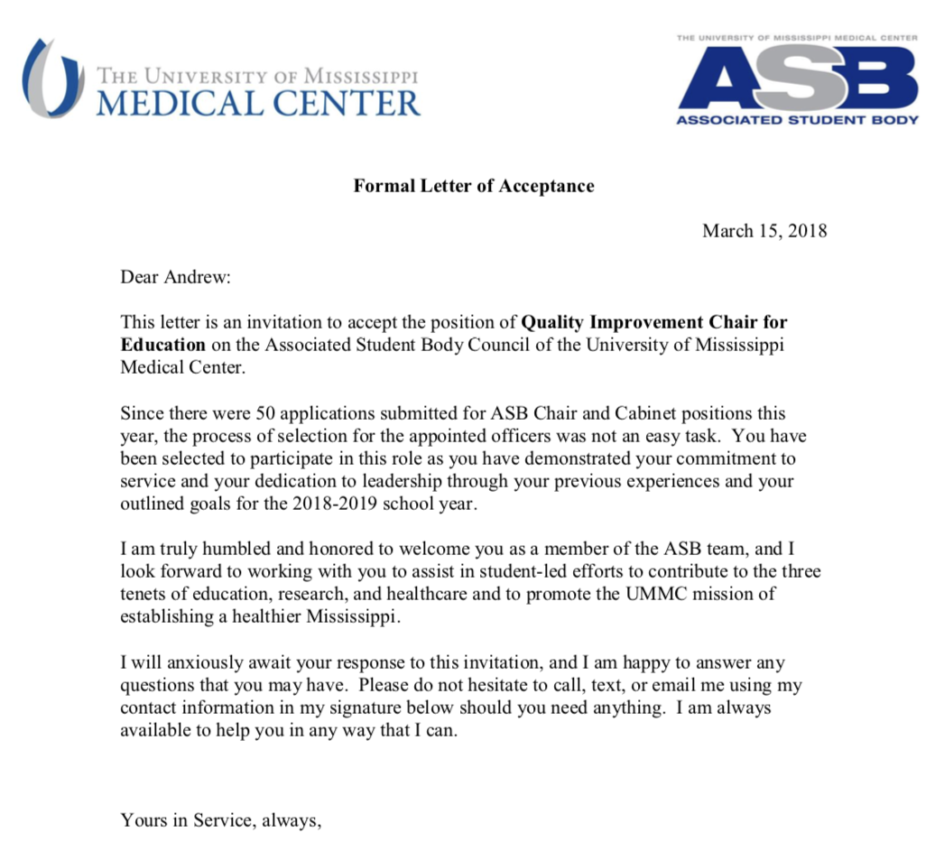 University of Mississippi Medical Center ASB Quality Improvement Chair Acceptance Letter